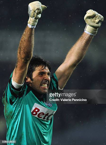 Gianluigi Buffon of Juventus FC celebrates after his team mate Claudio Marchisio scored a goal during the Serie A match between Juventus FC and...