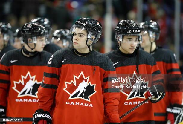 Markus Phillips of Team Canada following a game versus Team Slovakia at the IIHF World Junior Championships at the Save-on-Foods Memorial Centre on...