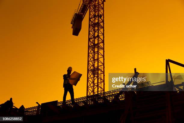 silhouette of working man standing with his planning paper - civil engineering stock pictures, royalty-free photos & images