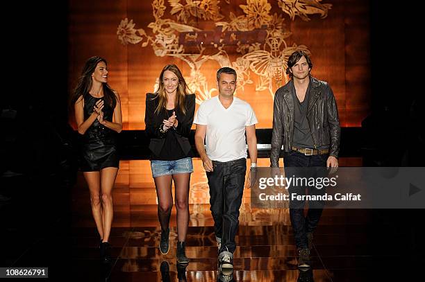 Alessandra Ambrosio , Ashton Kutcher and designers walks the runway during the Colcci show as part of the third day of Sao Paulo Fashion Week Fall...