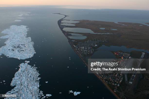 In this aerial image, the city of Barrow is seen on August 5 in Barrow, Alaska.