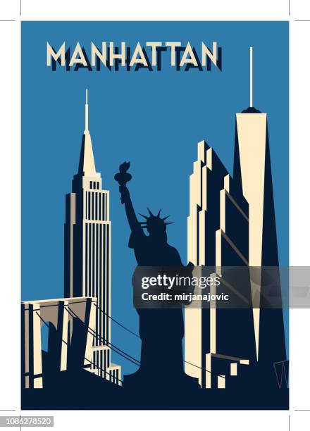 manhattan- retro poster - rockefeller center skyline stock illustrations