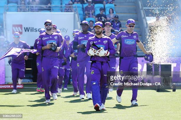 Matthew Wade of the Hurricanes leads the team out during Hobart Hurricanes v Melbourne Stars Big Bash League Match at Blundstone Arena on December...