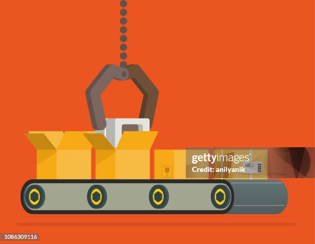 conveyor belt - warehouse robot stock illustrations