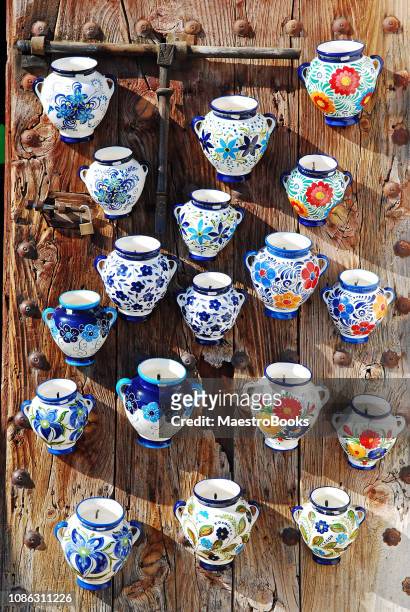 colorful ceramic wall vases from malaga, costa del sol, spain - frigiliana stock pictures, royalty-free photos & images