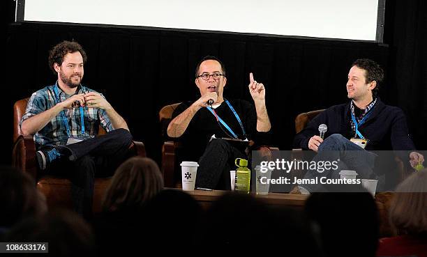 Director Drake Doremus, Sundance Film Festival Director John Cooper and Sundance Programmer Trevor Groth speak during the Film Church Panal on...