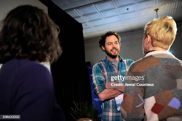 Director Drake Doremus speaks with guest following the Film Church Panal on January 30, 2011 in Park City, Utah.