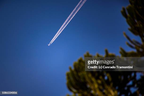 rastro de avião no céu azul - céu claro fotografías e imágenes de stock