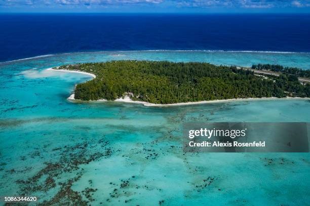 Aerial view of Tetiaroa, Marlon Brando Island, on February 28, 2018 in Tetiaroa Island, French Polynesia. Tumi , accompanied by her friend Dr. Cécile...