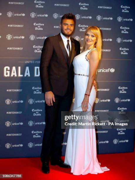 Sergio Romero and wife Eliana Guercio during the red carpet arrivals for the Manchester United United for Unicef Gala Dinner at Old Trafford,...