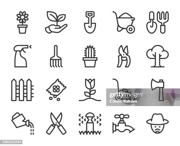 gartenarbeit - linie symbole - shovel stock-grafiken, -clipart, -cartoons und -symbole