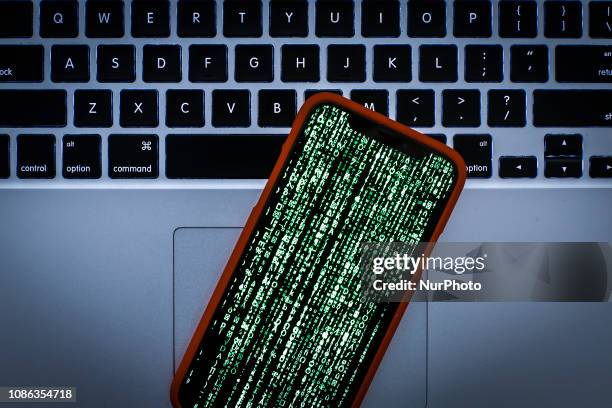 Matrix style graphics are seen on an Apple iPhone in this photo illustration on January 22, 2019.