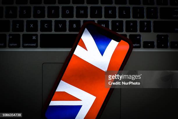 The British flag is seen on a portable mobile device in this photo illustration on January 22, 2019.