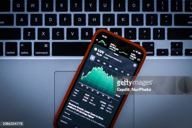 Graph displaying the Southwest sotck price is seen on the Stocks market application in this photo illustration on an Apple iPhone on January 22, 2019.