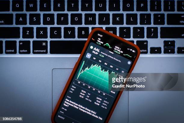 Graph displaying the American Airlines stock price is seen on the Stocks market application in this photo illustration on an Apple iPhone on January...