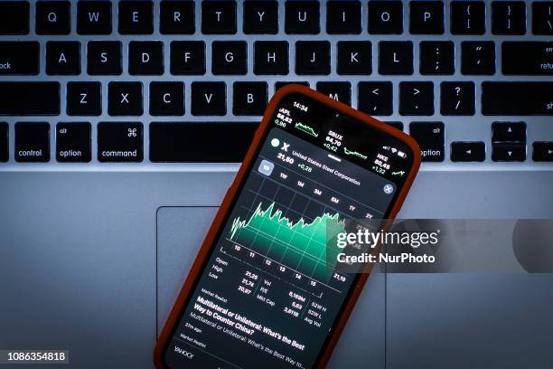Graph displaying the US Steel Corporation stock price is seen on the Stocks market application in this photo illustration on an Apple iPhone on...