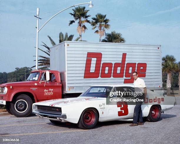 Cup car owner and master mechanic Ray Fox with his Dodge Charger outside his race shop. Buddy Baker drove for Fox during the Cup season, winning one...