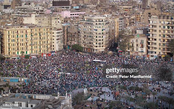 Protestors defy the curfew in Tahrir Square on January 31, 2011 in Cairo, Egypt. As President Mubarak struggles to regain control after six days of...