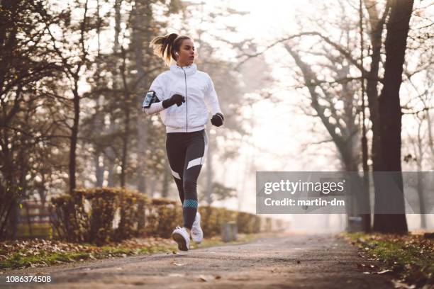 kvinna som jogging under vintermorgon - winter sport bildbanksfoton och bilder