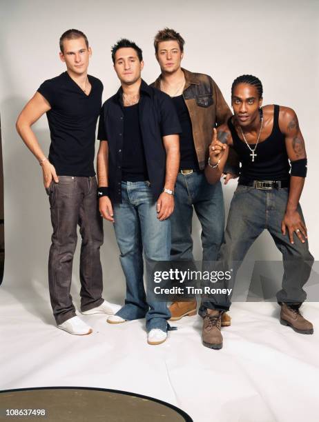 British boy band Blue, London, circa 2003. They are Simon Webbe, Lee Ryan, Duncan James and Antony Costa.