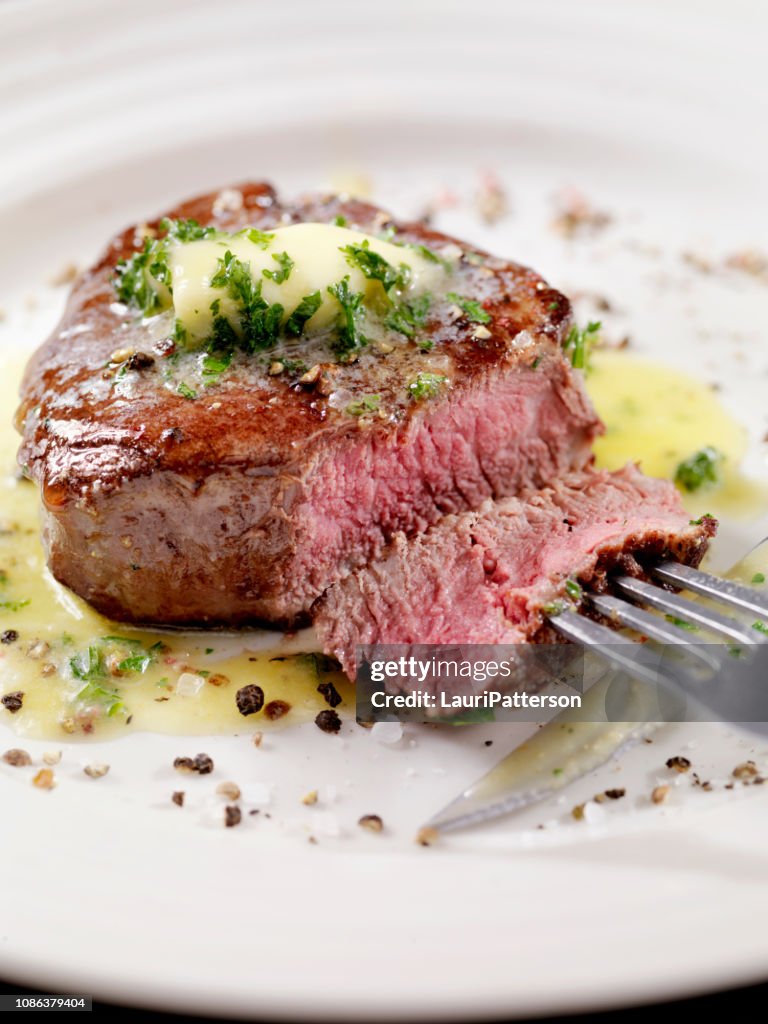 Medium Rare Fillet Mignon Steak with Herb Garlic Butter