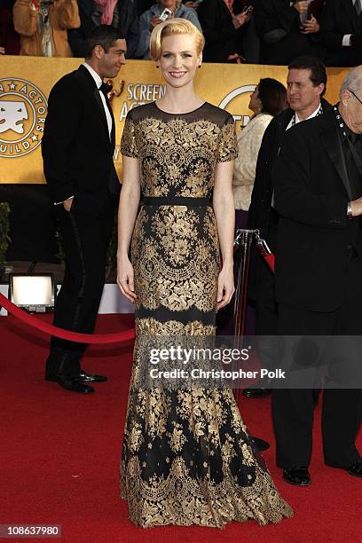 Actress January Jones arrives at the TNT/TBS broadcast of the 17th Annual Screen Actors Guild Awards held at The Shrine Auditorium on January 30,...