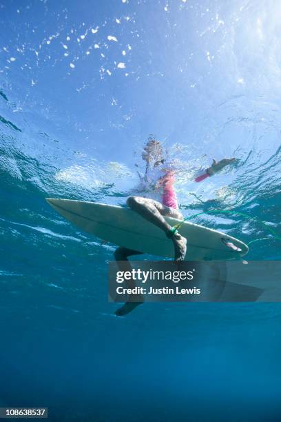 pro female surfer sitting on her surf board - sitting on surfboard stockfoto's en -beelden