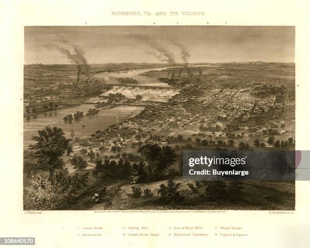 Black & white illustration shows an elevated, 'bird's eye' view of the city of Richmond, the James River, and surrounding areas, Virginia, 1863....