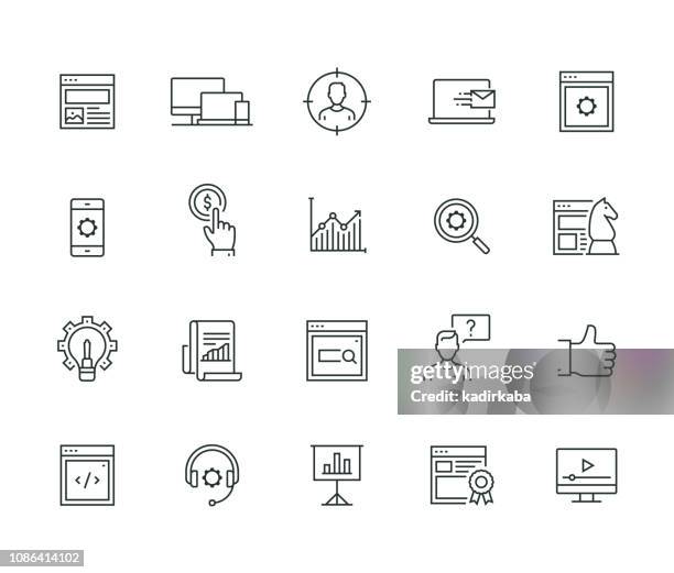 seo und entwicklung thin line serie - software-development-icon stock-grafiken, -clipart, -cartoons und -symbole