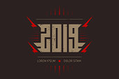 Happy New Rock'n'roll 2019 - music poster with stylized inscription, red lightnings and star. 2019l - t-shirt design. T-shirt apparels cool print with inscription.