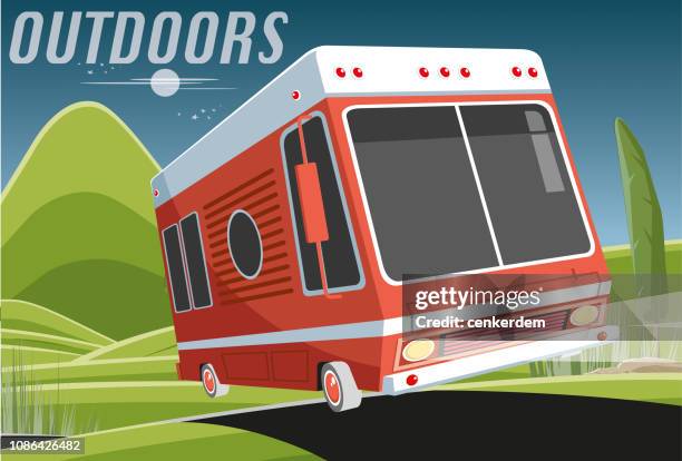 wohnwagen in der nacht - camping stock-grafiken, -clipart, -cartoons und -symbole