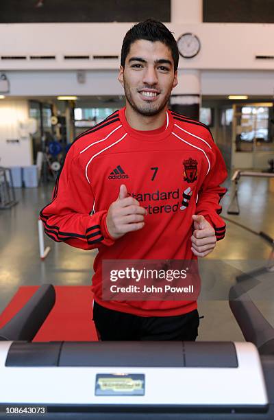 Luis Suarez of Liverpool trains in the gym at Melwood training ground ahead of signing for Liverpool Football Club on January 30, 2011 in Liverpool,...