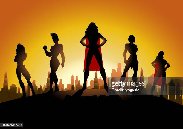 ilustraciones, imágenes clip art, dibujos animados e iconos de stock de vector silueta de equipo super héroe femenino en la ciudad - women