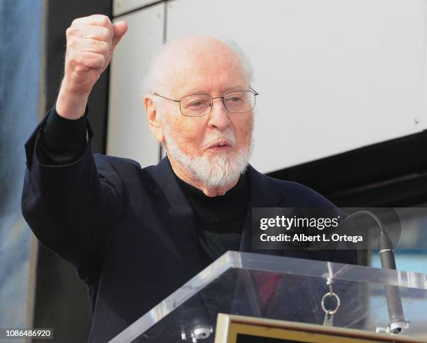 Composer John Williams speaks at the ceremony honoring Maestro Gustavo Dudamel with a Star on the Hollywood Walk of Fame on January 22, 2019 in...