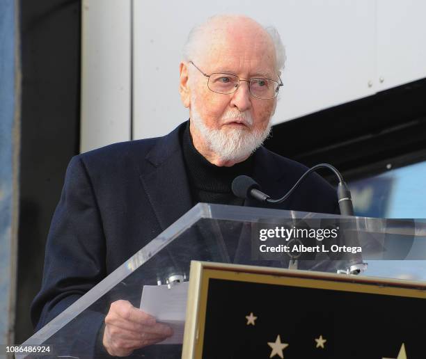 Composer John Williams speaks at the ceremony honoring Maestro Gustavo Dudamel with a Star on the Hollywood Walk of Fame on January 22, 2019 in...