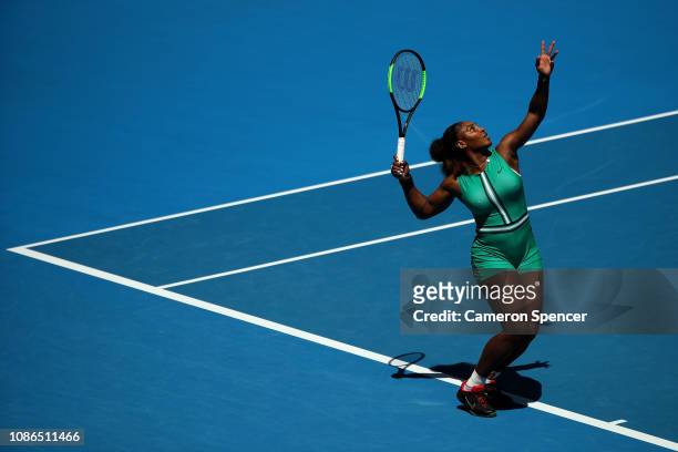 Serena Williams of the United States serves in her quarter final match against Karolina Pliskova of Czech Republic during day 10 of the 2019...