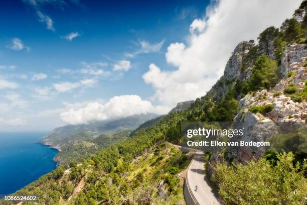panoramic view over serra de tramuntana mountain range and mediterranean sea - mallorca stock-fotos und bilder