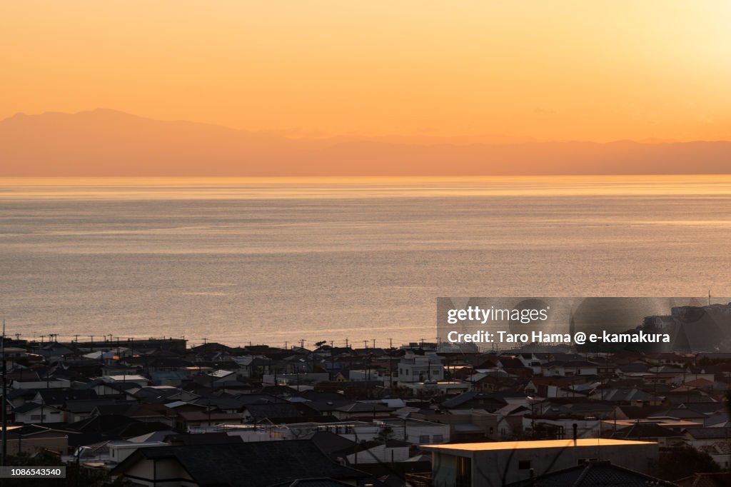 Shichirigahama-Higashi, residential houses by the sea, Pacific Ocean in Japan in the sunset