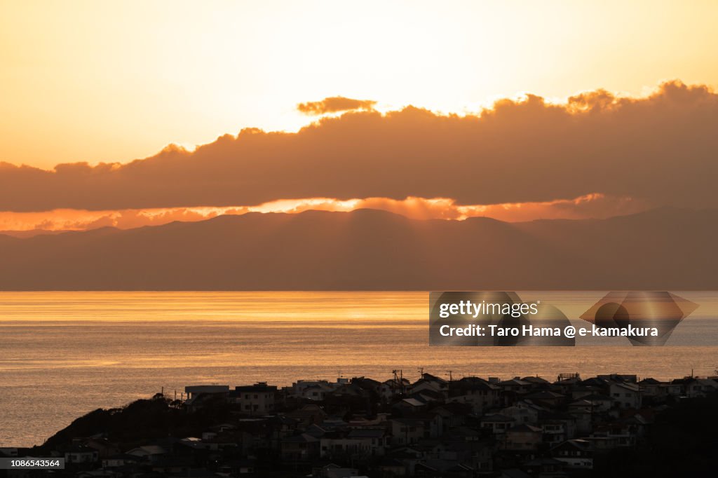 Residential houses by Sagami Bay, Pacific Ocean in Japan in the sunset