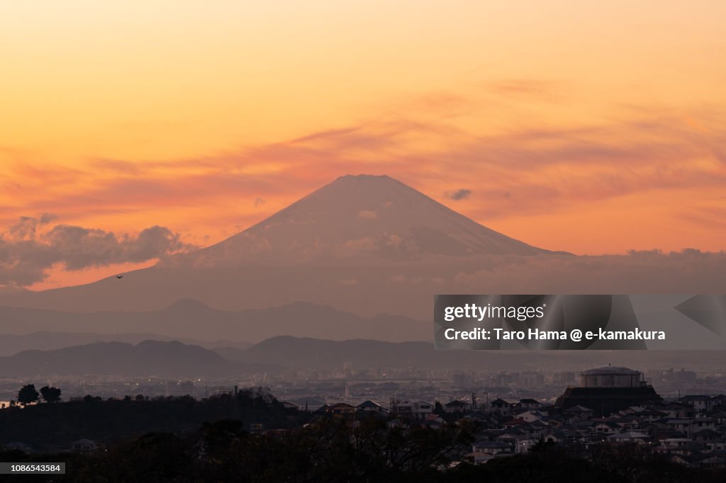 Silhouette of Mt. Fuji and Fujisawa, Chigasaki and Fujisawa cities in Kanagawa prefecture in Japan in the sunset