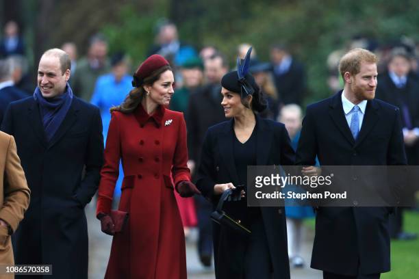 Prince William, Duke of Cambridge, Catherine, Duchess of Cambridge, Meghan, Duchess of Sussex and Prince Harry, Duke of Sussex arrive to attend...