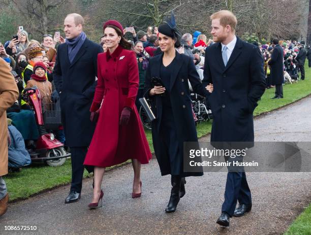 Prince William, Duke of Cambridge, Catherine, Duchess of Cambridge, Meghan, Duchess of Sussex and Prince Harry, Duke of Sussex attend Christmas Day...