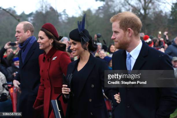 Prince William, Duke of Cambridge, Catherine, Duchess of Cambridge, Meghan, Duchess of Sussex and Prince Harry, Duke of Sussex leave after attending...