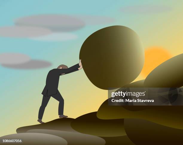 business man pushing large stone - pushing up hill stock illustrations