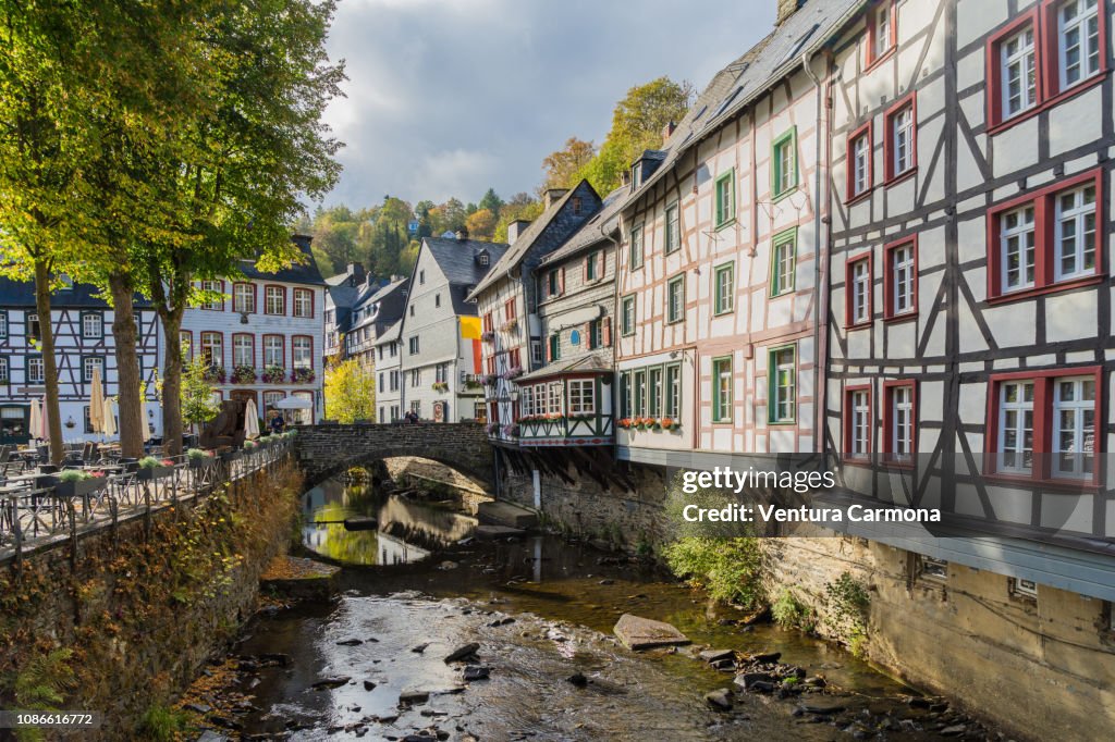 Half-timbered houses on the Rur River in Monschau, Germany