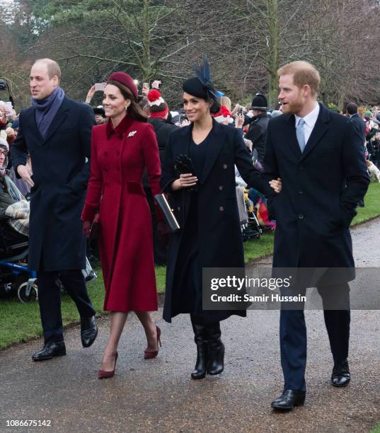 Prince William, Duke of Cambridge, Catherine, Duchess of Cambridge, Meghan, Duchess of Sussex and Prince Harry, Duke of Sussex attend Christmas Day...