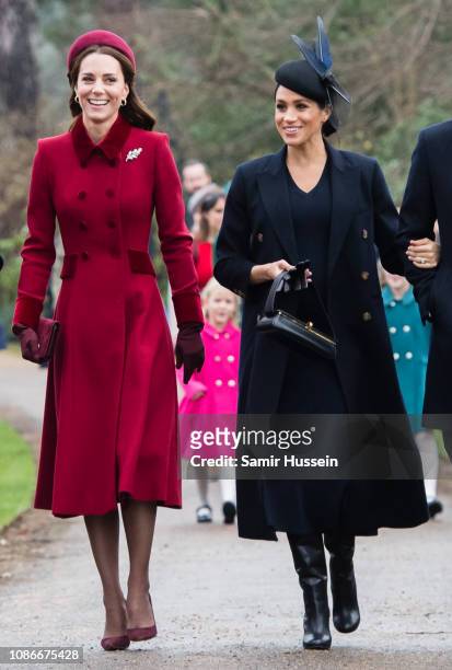 Catherine, Duchess of Cambridge and Meghan, Duchess of Sussex attend Christmas Day Church service at Church of St Mary Magdalene on the Sandringham...