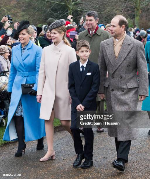 Prince Edward, Earl of Wessex, Sophie, Countess of Wessex with James Viscount Severn and Lady Louise Windsor attend Christmas Day Church service at...