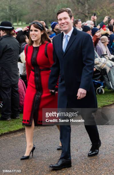 Princess Eugenie of York and Jack Brooksbank attend Christmas Day Church service at Church of St Mary Magdalene on the Sandringham estate on December...
