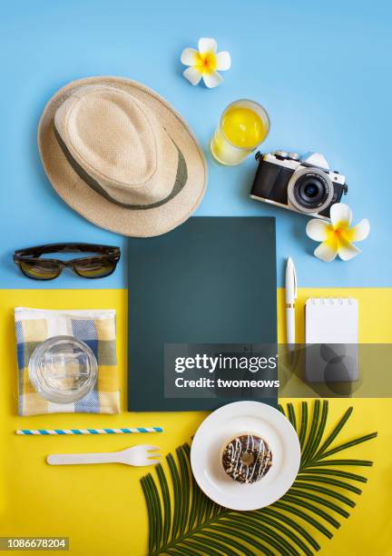 women summer travelling objects still life. - sunglasses overhead fotografías e imágenes de stock